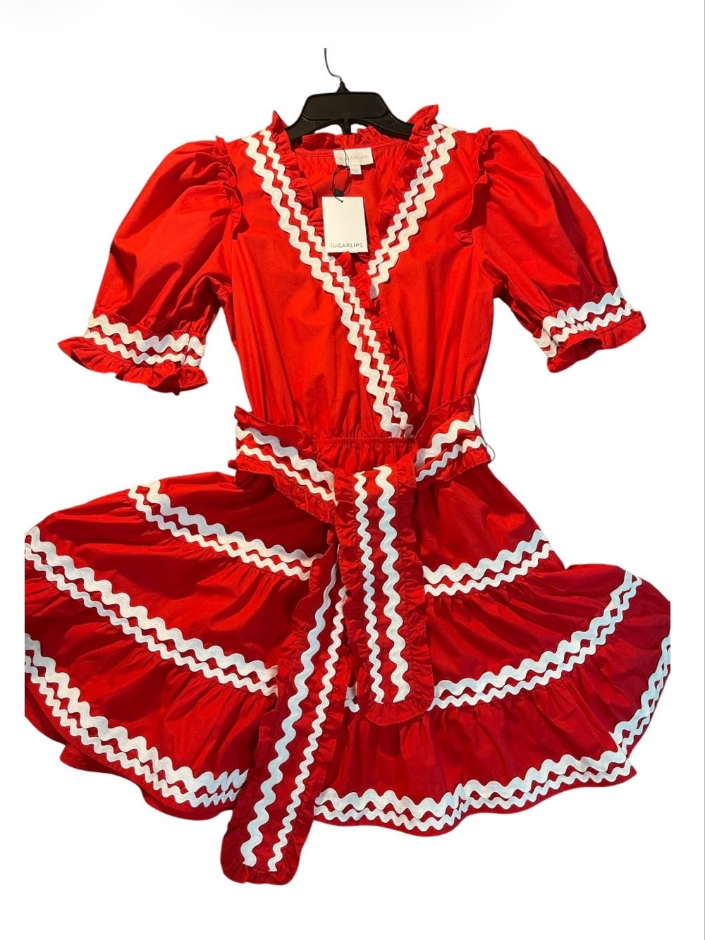 Sugarlips Red Ruffle Ric-Rac Wrap Mini Dress NWT Size S - Picture 3 of 6